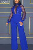 Fashion Mesh Sequin One Piece Jumpsuit Women Turtleneck Lantern Long Sleeve Romper Luxury High Waist Wide Leg Body