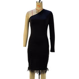 Toloer Women's Wear 2023 Fashion Sexy Inclined Shoulder Show Thin Bag Hip Split Dress Wool Patchwork Hem Dress-Outfit