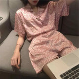 Sets Women Plaid Classic Retro Turn Down Collar Short Sleeve Loose Preppy Style Cozy Students Sleepwear Home Female