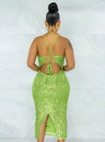 Fashion Sexy Sequins Straps Backless Slit Midi