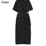 ZBZA Women 2023 Shirt Dress Women Waist Cut-out Midi Dress Fashion Design Sexy Elegant Femme Vestidos