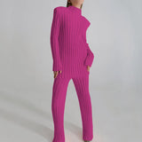Free Shipping Cotton Casual Women Knitted Two Piece Sets Women's Slim Outfits Striped Turtleneck Sweater And Elastic Pant