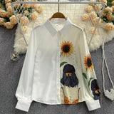 Women Print Spliced Long Blouse Casual Long Sleeve Button Loose 2022 Autumn Streetwear French Office Lady Fashion