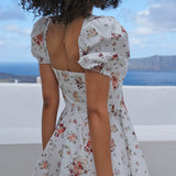 Graduation Party Gift Sexy Square Collar White Printing Mini Dress Woman Puff Sleeve High Waist Party Holiday A-Line Dress New
