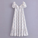 Elegant Chic Dress Women 2023 Square Collar Floral Print Dress Woman Puff Sleeve Zipper Jewelry Inlaid High Waist