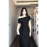 Pure Desire Short Sleeves Slanted Shoulder Fork Dress Temperament Slimmed Fashion Temperament Shoulder Long