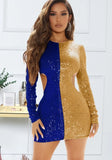 Contrast Color Cut Out Sexy Long Sleeve Sequin Mini Club