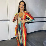 Colorful Printed V Neck Women Summer Party Dress Long Sleeve Fashion 2021Casual Bodycon Clubwear Clothes Lady Maxi Dress