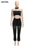 Style Women's Sets Black Shiny Rhinestones Strapless Crop Top and See Through Straight Trouser Elegant 2 Piece