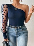 Toloer Women's 2024 New Inclined Shoulder Single Sleeve Wave Dot Mesh Splicing Long Sleeve Waist Show Thin Female Jacket T-Outfit