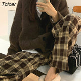 Waist Women's Brown Plaid Pants Streetwear Oversize Wide Leg Checkered Trousers Woman 2023 Loose Y2K Retro Sweatpants