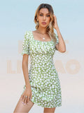 party Women Boho Dress Summer 2022 Sexy Backless Floral Chiffon Dresses Square Collar Puff Sleeve Slim Dress Casual Sundress