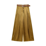 New Gold Button-Up Silk-Sense Blouse 7484091 Belt Silk-Sense Wide Leg Trousers