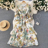 Autumn Bohemian Women Tie Dye Printed Pleated Long Dress Boho O Neck Puff Sleeve High Waist Draped Maxi Vestido