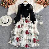 Vintage Women Black Mesh Patchwork Embroidered Midi Dress Women Elegant O-Neck Lantern Long Sleeve Big Swing Party Vestidos