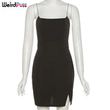Puss Summer Chic Side Slit Women Dress Sexy Low-Cut Backless Slim Mini Sundress Fashion Solid Elegant Vacation
