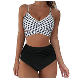 Waist Bikini Set 2020 Sexy Plaid Printed Biquini Swimwear Women Two Pieces Swimsuit Floral Beachwear V-neck Bathing