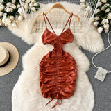 Party Club Sexy Women Dress 2022 Summer Backless Solid Slim Hollow Out V Neck LAdies A Line Mini