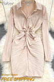 Women Dress 2023 New Spring Fashion Solid Turn down Collar Long Sleeve Twist Front Empire Folded Mini Party Bodycon Dress