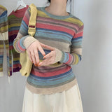 Rainbow Sweater Women Super Soft Stretchy Multicolor Striped Knit Striped Jumper Pullover Female Spring Autumn