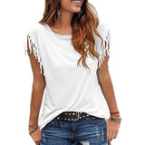 Short Sleeve Tassel Fashion T-shirt Woman Simple Crew Neck Basic Tops 2021 New Leisure Ladies Streetwear Solid