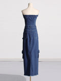 Toloer 2024 New Street Hipster One-Word Shoulder Retro Design Sense Strapless Dress Female Slit Long Skirt-Outfit
