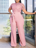 Women's Sexy Lace Lace Hollow Short-Sleeved Strap High-Waisted Broad-Legged Jump-Legged