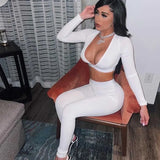 Autumn New Deep V-neck Long-sleeved Top + Trousers Solid Color Street Hipster Women Stitching Line Sports Two-piece