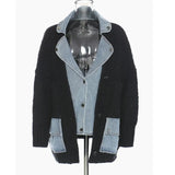 Loose Fit Knitting Denim Stitch Big Size Jacket New Lapel Long Sleeve Women Coat Fashion Tide Autumn Winter 2022