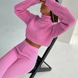 Suit Women Cropped Long Sleeve Turtleneck Sweater And Elastic Waist Pencil Pant Female Tracksuit Fashion 2022 Casual
