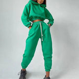 Loose Fleece Women's Pants Tracksuit Cropped Hooded Top And Drawstring High Waist Joggers Ladies Sports Suit 2022