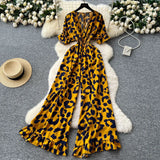 Dress Holiday Wear Chic Light Leisure V Collar Short Sleeves Tight Waist High Waist Thin Leg Print Jump