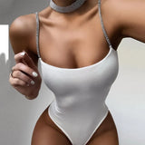 Shiny Shoulder Straps Women Bodycon Sexy Bodysuit Black White Sleeveless Summer Female Outfits High Leg One-Piece