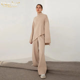Winter Blue Knit Wool 2 Piece Sets Womens Outfits Elegant Turtleneck Long Sleeve Sweater With High Waist Wide Pants