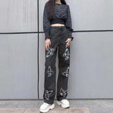 Autumn Winter Women Baggy Jeans Oversize Pants Butterfly Print High Waist Mom Jeans Overalls Streetwea Denim