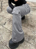 Gray Casual Stitched Pocket Cargo Pants Women Low Waist Vintage Streetwear Jeans Korean Fashion Straight Denim