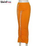 Puss Hollow Out Chic Long Skirt Summer Fashion Skinny Stretchy Low Waist Bottoms Ruched Sexy Slim Wild Clubwear