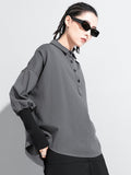 Women Gray Contrast Color Big Size Blouse New Lapel Long Sleeve Loose Fit Shirt Fashion Tide Spring Autumn 2023