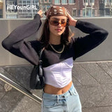 Black Casual Loose Cropped Sweater Women Autumn Smocked Long Sleeve Knitted Top Hip Hop Harajuku Pullovers Female