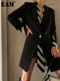 Women Black Striped Printed Stitch Long Blazer New Lapel Long Sleeve Loose Fit Jacket Fashion Spring Autumn 2023