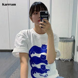Koran Fashion Cat Printed Short Sleeve T-shirts Summer Fairycore White Oversized Tshirt Kawaii Cartoon Tops Loose