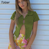Single-breasted T Shirts Women Purple Short Sleeve Turn-down Collar Tops Women Summer Casual Streetwear Skinny
