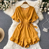 2022 Summer New Korean Rompers Women Flared Sleeve Solid Ruffle Wide Leg Short Jumpsuits Casual Vacation Beach