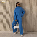 Winter Blue Knit Wool 2 Piece Sets Womens Outfits Elegant Turtleneck Long Sleeve Sweater With High Waist Wide Pants