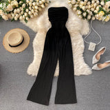 Women Sexy Strapless Jumpsuits Ruched Sleeveless Elegant Solid Rompers Summer Off Shoulder Beach Wide Leg Long