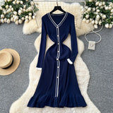 Small-Sized Famous Woman Hit The Color V-Neck Long Sleeve Single Buckle Waist Knitted Dress Women With Fish