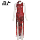 Red Print Mesh Sheer Asymmetric Dress Sexy Frill High Split Strapless Long Dresses for Women Club Outfit 2023
