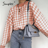 Women geometric khaki knitted sweater women casual Houndstooth lady pullover sweater female Autumn winter retro