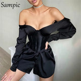 Sexy Women V Neck Mini Bodycon Corset Blouse Dress Party 2020 Fashion Night Club Ladies Black White Long Sleeve