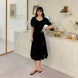 Women Black Retro Plus Size 4XL Elegant Friends Side Slit Temperament Minimalist Shirring Summer 2021 Daily Chic